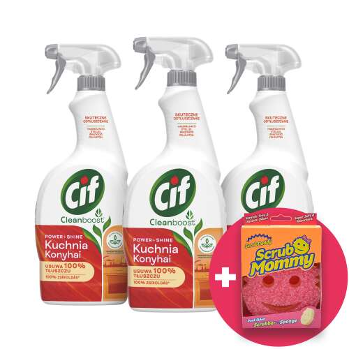 Cif Power & Shine Spray degresant pentru bucătărie 3x750ml + Burete Scrub Mommy