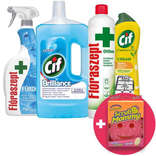 Pachet produse de curățare Cif și Flóraszept cu burete Scrub Mommy