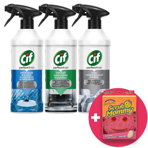 Cif Perfect Finish sprej paket sa sredstvima za čišćenje pećnica i roštilja, uklanjanje kamenca i čišćenje nehrđajućeg čelika plus spužva Scrub Mommy