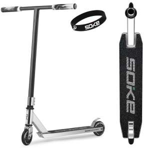 Soke EVO STREET silver stunt scooter with black handlebar, black wheels, and black deck, with a Soke wristband and a black deck - Scootering