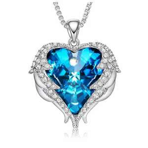 Kék kristály szív nyaklánc angyalszárnyakkal, Swarovski kristály medál, ezüst lánc - Női nyaklánc