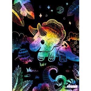 Avenir Scratch with Stencils Dinosaur art set, showing a completed dinosaur drawing - Arts & crafts kit