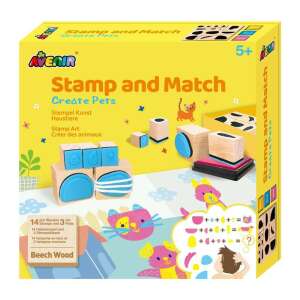 Avenir Stamp and Match Create Pets wooden stamp set for kids, featuring 14 stamps, 3 ink pads, 3 printable images, and 1 string - Stamp