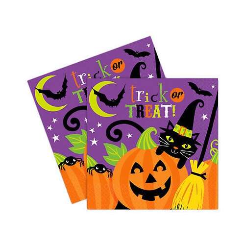 Halloweeni parti szalvéták fekete macskával, tökkel és boszorkánykalappal
