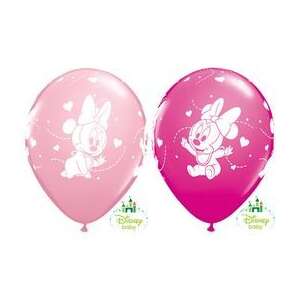 2 db 11 inches-es Minnie Mouse Baby latex lufi, rózsaszín és vadmálna színben, fehér Minnie Mouse mintával - Qualatex