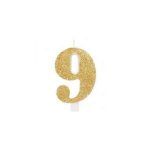 Arany Csillogó 9-es Számgyertya - Szülinapi Torta Dekoráció