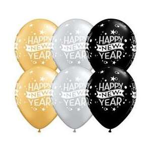 Happy New Year lufik, 11 inch, arany, ezüst, fekete latex lufik, Qualatex - Qualatex