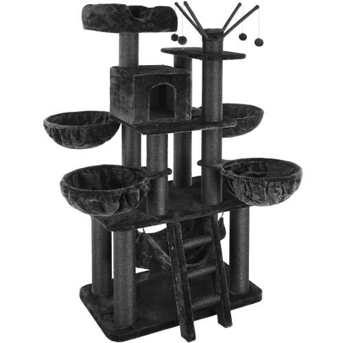 Black cat tree with scratching posts, multiple platforms, hanging toys, and a hammock