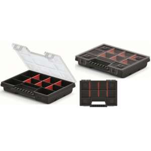 Organizer na narzędzia Kistenberg z 11 przegródkami i przezroczystą pokrywą, czarny i czerwony - Sortownik narzędzi i części, Zestaw narzędzi, Drabina i wykonawca, System regałów przemysłowych i Akumulator i ładowarka