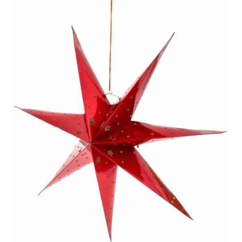 Piros papír csillag LED fényekkel, 60cm, lógó dísz