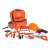 Orange tool backpack for kids with tools like hammer, wrench, pliers, and screwdriver