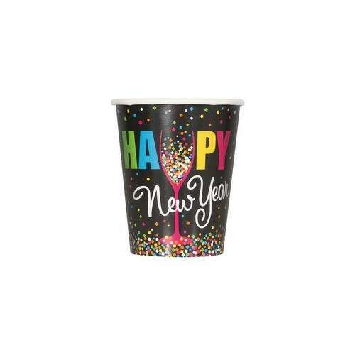 Happy New Year szilveszteri konfetti mintás papírpohár, 270 ml, 8 db-os