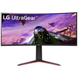 LG UltraGear 34GP63AP-B 34 Zoll gekrümmter Gaming-Monitor, schwarzer und roter Standfuß, Vorderansicht - Monitore