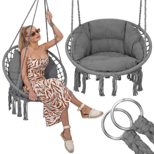 Collage of Springos grey macrame hanging chair with model and hanging rings