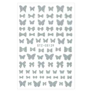Ezüst csillogó pillangó és masni körmök matricák - Körömmatrica