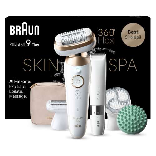 Епилатор Braun Silk-épil 9 Flex 3D SkinSpa, ексфолиант, тример, масажна четка и чанта за пътуване