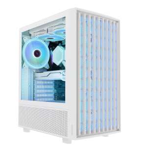 Carcasă PC Modecom Breeze ARGB albă cu panou lateral din sticlă călită, care arată interiorul cu ventilatoare RGB - Modecom