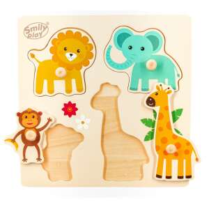 Smily Play drewniana układanka z 4 elementami, przedstawiająca lwa, słonia, żyrafę i małpę - Smily Play