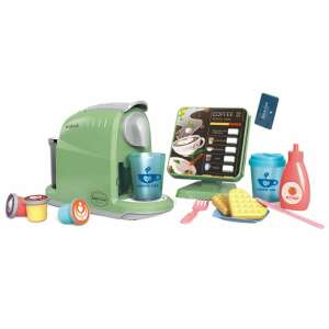 Set de cafea de jucărie verde cu accesorii, inclusiv o mașină de cafea, o tablă de comandă, capsule de cafea, furculiță, cuțit, farfurie, gofre și o cană de cafea - Jucarii si ustensile de bucătărie