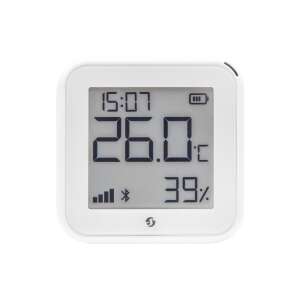 Shelly Plus H&T Gen3 Smart Temperature and Humidity Sensor, white, with display showing temperature, humidity, time and battery level - Shelly