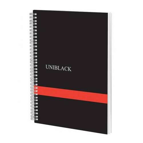 A4-es notebook vonalakkal, spirális, Uniblack, 120f, 70gr, fekete-piros borítás