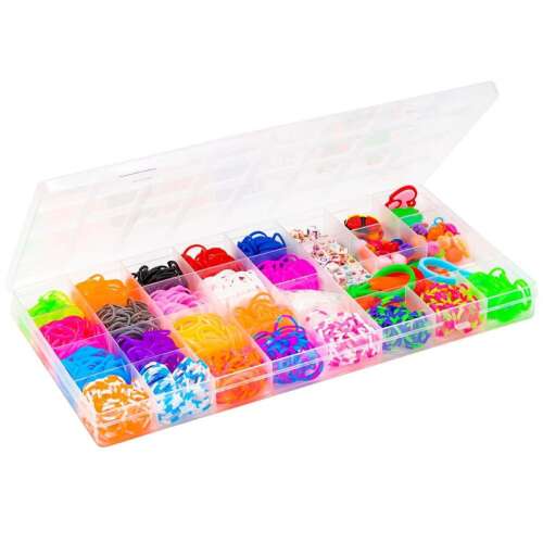 Mercaton® kreatív készlet gyerekeknek, 1600 darab, gumiszalagok, horgolt és díszítőelemek színes karkötők és ékszerek készítéséhez, 14 x 25 x 2 cm, 8 éves kortól, Többszínű