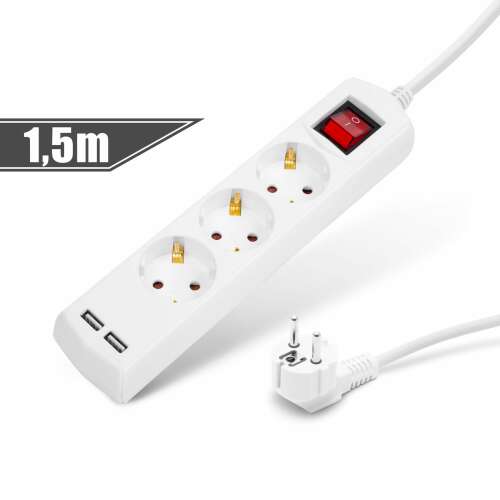 Hosszabbító kábel 3 - 3 x 1,5 mm - 1,5 m - 2 x USB - gombbal