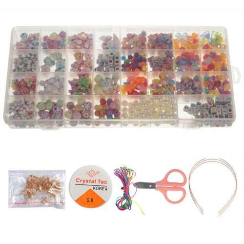 Mercaton® kreatív készlet gyerekeknek, gyöngyök és kiegészítők színes karkötők készítéséhez, 900 db, 13 x 26 x 2,5 cm, Multicolor