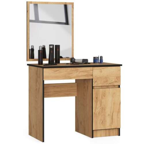 Fésülködőasztal/smink, 2 fiók, jobbra, tükörrel, ruhásszekrénnyel, kézműves tölgy, 90x50x77/142 cm