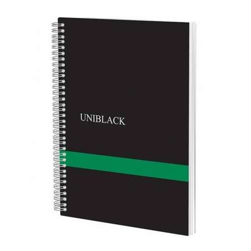 A4-es notebook vonalakkal, spirális, Uniblack, 120f, 70gr, fekete-zöld borítás