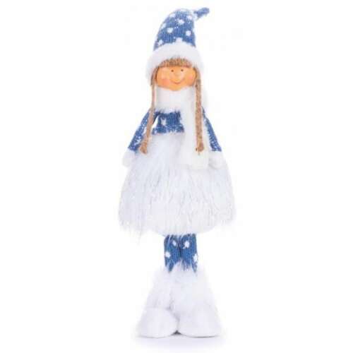 Téli dekoráció, lány kötött ruhával és bolyhos, kék és szürke, 14x11x51 cm