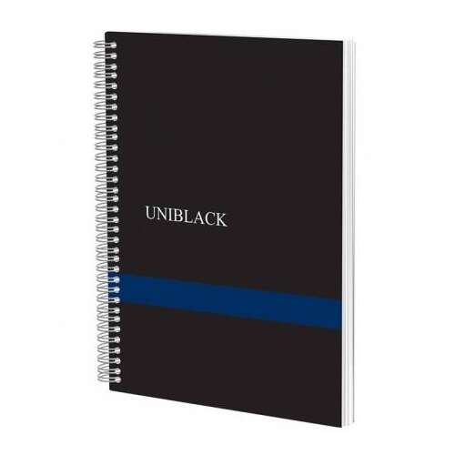 A4-es notebook vonalakkal, spirális, Uniblack, 120f, 70gr, fekete-kék borítás