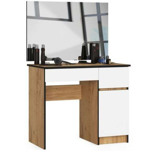 Fésülködőasztal/smink, 2 egyenes fiók tükörrel, ruhásszekrény, fehér és tölgy, 90x50x77/142 cm
