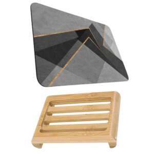 Mercaton fürdőszobai szőnyeg, ultra nedvszívó, csúszásgátló, Diaton anyag, Abstract Model, 50 x 80 cm és bambusz natúr fa szappantartó, csúszásgátló, 12,5 x 8 cm, barna