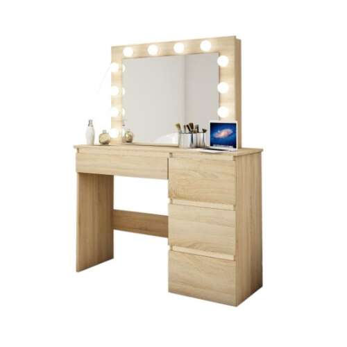 Fésülködőasztal/smink, tölgy, tükörrel és LED-ekkel, 94x43x141 cm