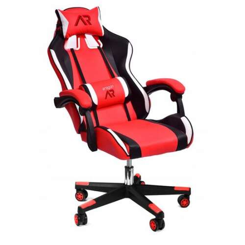 Gamer szék, Aragónia, deréktámlával, dönthető funkcióval, piros, fehér és fekete, 61x59x114-125 cm