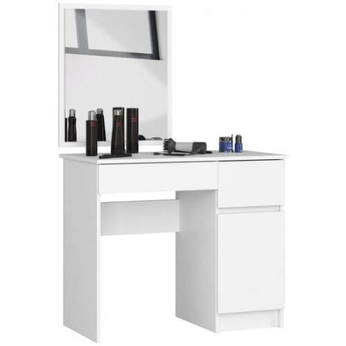 Fésülködőasztal/smink, 2 fiók, jobbra, tükörrel, ruhásszekrénnyel, fehér, 90x50x77/142 cm