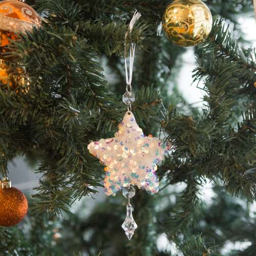 Karácsonyfa dísz - csillag - irizáló - akril - akasztókkal - 2 forma: pehely és csillag