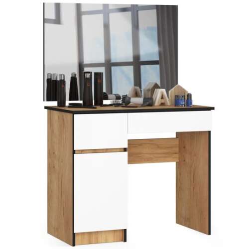 Fésülködőasztal/smink, 2 bal oldali fiók tükörrel, ruhásszekrény, fehér és tölgy, 90x50x77/142 cm