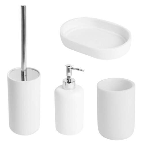 Mercaton® 4 részes fürdőszobai szett, WC-kefe tartóval, folyékony szappan adagoló, kefetartó, szappantartó, gyanta, matt fehér