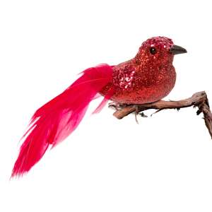 Red glitter bird Christmas tree ornament with feather tail - Christmas tree ornament