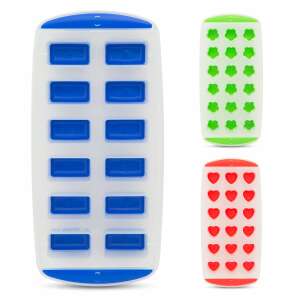 Ice cube tray with different shapes, including rectangle, flower, and heart, in blue, green, and red colors - Ice cube tray