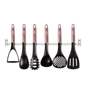 BerlingerHaus I-Rose Collection 7 piece kitchen utensil set with hanging rack, includes potato masher, serving spoon, ladle, slotted spoon, spatula, skimmer, and pasta server - Kitchen Tool Set