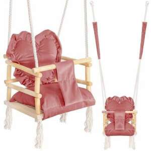 Springos pink heart shaped baby swing with wooden frame and white ropes, collage - Outdoor Swing