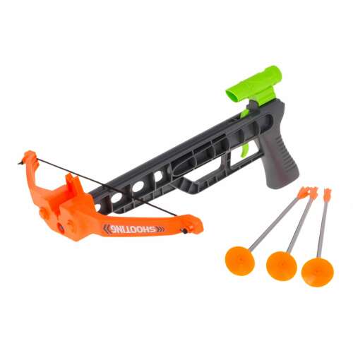 Orange and black toy crossbow with green sight and three orange suction cup arrows