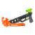 Orange and black toy crossbow with green sight and three orange suction cup arrows