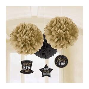 Ünnepi Pompon Dekoráció - Arany & Fekete - 3 db - 41 cm