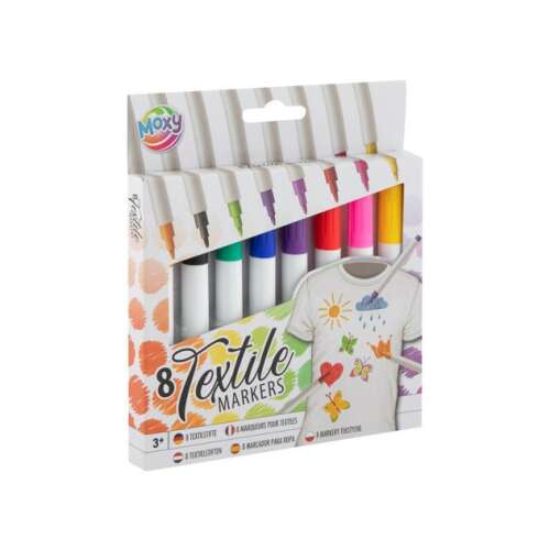 Moxy 8 Textilmarker készlet, 8 db-os filctoll készlet ruhafestéshez, pólók, táskák és egyéb textilek díszítéséhez