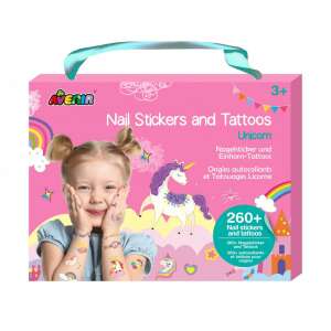 Avenir Nail Stickers and Tattoos Unicorn set, 260+ nail stickers and temporary tattoos with unicorn designs for kids - Tattoo