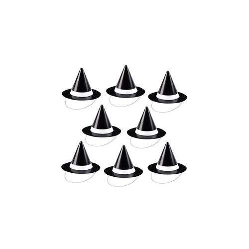 8 darabos fekete boszorkány kalap fehér szegéllyel, tökéletes Halloween jelmezekhez vagy parti ajándékokhoz